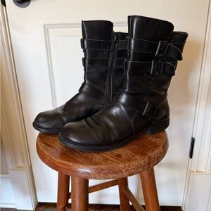 Women's Black Leather Mid-Calf Buckle Boots